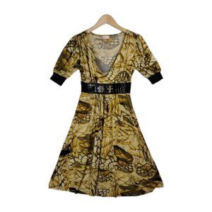 Baby Phat Tan Black Stretchy Belted Short-Sleeve Midi Dress Small Deep v-neck